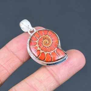 Colgante de piedras preciosas fósiles de amonita naranja natural joyería de plata de ley 925 - Imagen 1 de 5
