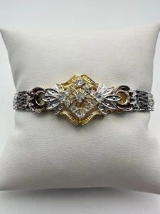 925 Italy Sterling Silver  Shiny Cubic Zirconia Three Tone Chain Bracelet 7” - Picture 1 of 8