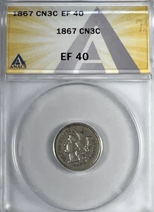 1867 Three Cent Nickel : ANACS EF40 - Picture 1 of 4