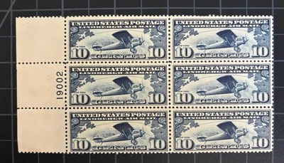 US Stamps - SC# C10 - Plate Block Of 6 - Stain In Selvage - MOG NH - SCV = $130 - Image 1 of 2