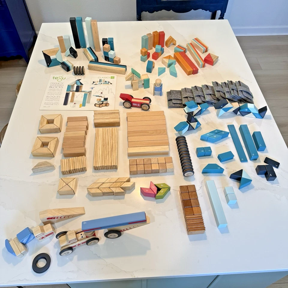 Tegu Magnetic Wooden Block Lot 298 Pieces + 8 Pouches Multi Color Shape Sizes - Image 1 of 4