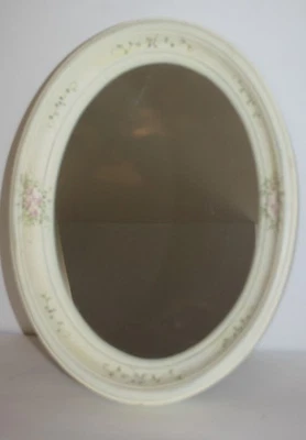 Antiqued White Hand Painted Oval Wall Mirror Pink Roses 11.5X15 - Image 1 of 4