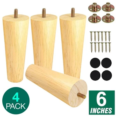 Round Set of 4 Wooden Legs 6 Inch For Dorm Bed Risers Furniture Couch Sofa Table - Image 1 of 4