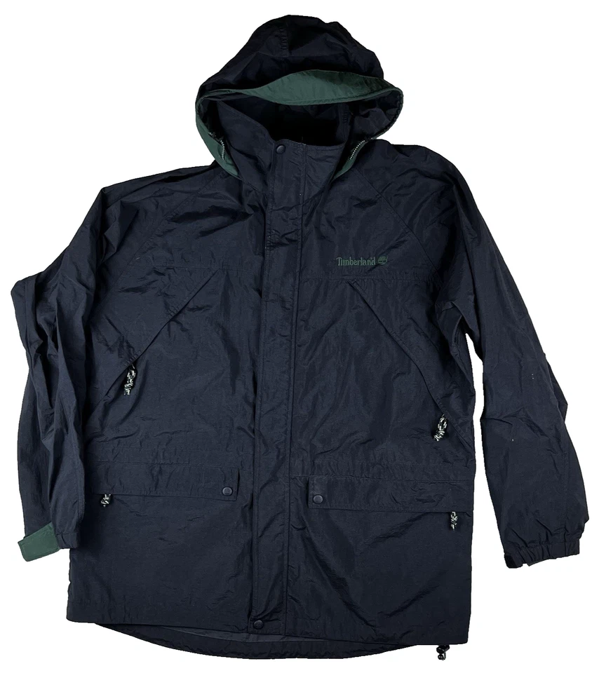 Vintage 1997 Timberland Large Black Green Windbreaker Rain Jacket Hooded Crinkle - Image 1 of 4