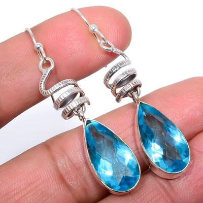 Espiral - Topacio Azul Piedras Preciosas Plata de Ley 925 Hecho a Mano Pendiente 2.07" T37 Foto 1 de 4