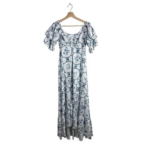 Mulla blue Floral Flutter Sleeve High Low Maxi Midi Dress S Twist Front Boho - Picture 1 of 12