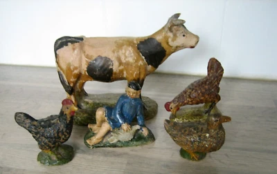 Jouet ancien Animaux de la Ferme céramique terre cuite vache poule.. - Photo 1/4