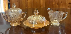 Vintage Jeanette Iris & Herringbone Iridescent Table Set Sugar, Creamer, Butter - Picture 1 of 7