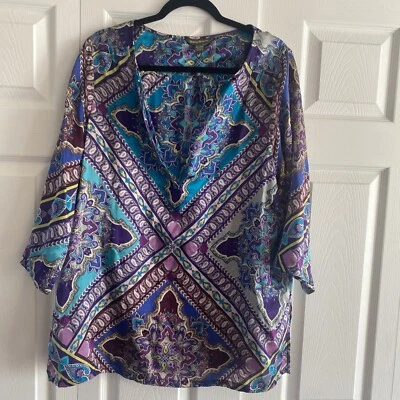 Tommy Bahama Púrpura Mujer XL Púrpura Azul Paisley Boho Seda Túnica Top Foto 1 de 4