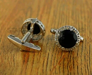 Natural Black Onyx Gemstone With 925 Sterling Silver Men's Stylish Cufflink CF25 - Picture 1 of 6