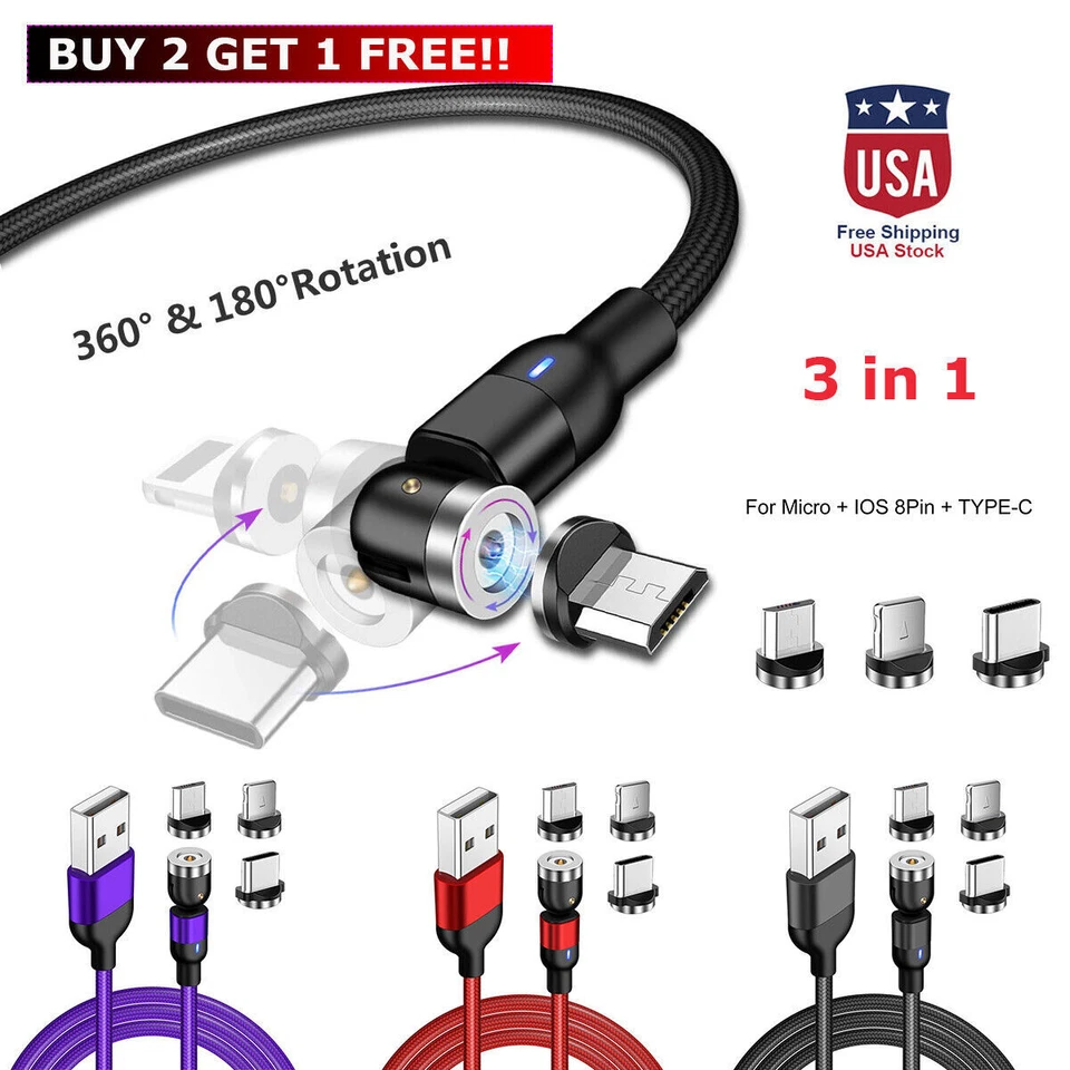 Magnetic Phone Charger Cable USB Charging Cord For iPhone Type C Micro Samsung - Image 1 of 4