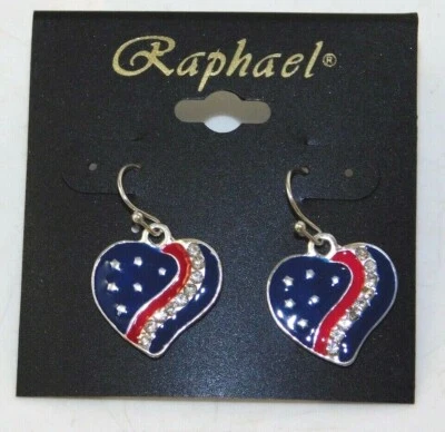 Patriottico USA Cuore Rosso Blu Smalto Strass Argento Orecchini Pendenti Spiia # - Immagine 1 di 3