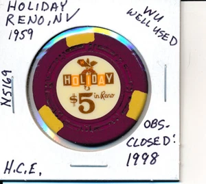 $5 CASINO CHIP - HOLIDAY RENO NV 1959 H.C.E. #N5169 OBS CLOSED 1998 WU CONDITION - Picture 1 of 2