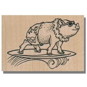 Mounted Rubber Stamp, Fun Surfing Pig, Beach, Animal, Summer, Hawaii, Ocean, Sea - Picture 1 of 3