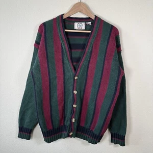 VTG Sears Roebuck Knit Cardigan Sweater Striped Maroon Green Ribbed Cuff Medium - Picture 1 of 8