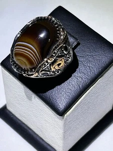 Men Silver 925 Ring Big لأenuine Yemeni Agate  Aqeeq Handmade عقيق يمني جزع بقري - Bild 1 von 15