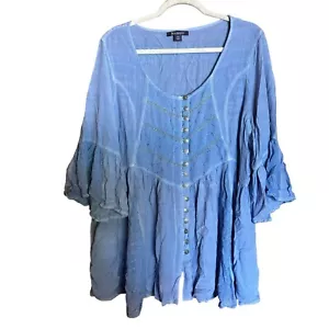 Blusa Roamans Top Mujer 26W Azul Ojales Medios Mixtos Boho Flutter Detalle Botón - Imagen 1 de 9