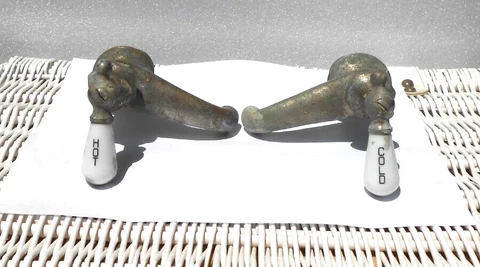 Hot and Cold Heavy Brass Vintage Faucets with Antique Porcelain Handles (1 Set) Cover