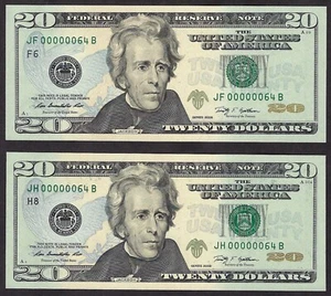 🇺🇸 LOT OF (2) 2009 $20 MATCHED LOW S/N ♚♚00000064♚♚ GEM UNC++ SUPER BOLD&CRISP - Picture 1 of 6