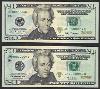🇺🇸 LOT OF (2) 2009 $20 MATCHED LOW S/N ♚♚00000064♚♚ GEM UNC++ SUPER BOLD&CRISP - Image 1 of 4
