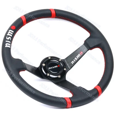 JDM 350mm/14'' Black Deep Dish PU Leather Racing Drift Sport Steering Wheel - Image 1 of 4