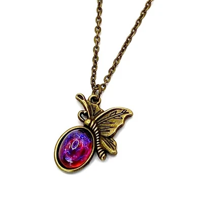 Victorian Dragons Breath Necklace Red Blue Fire Opal Glass Bronze Butterfly - Image 1 of 4