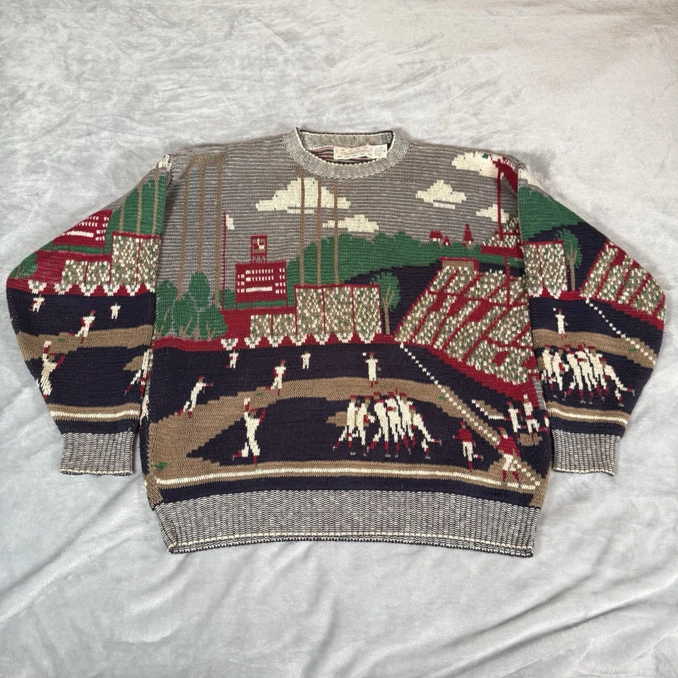 Vintage Crossings Baseball Graphic Knit Sweater Mens XL Slim Fit Made In USA 90s - Image 1 of 4