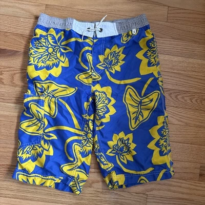 Bermuda de tabuleiro Mini Boden masculina 10/11 anos azul e amarela floral havaiana - Imagem 1 de 4