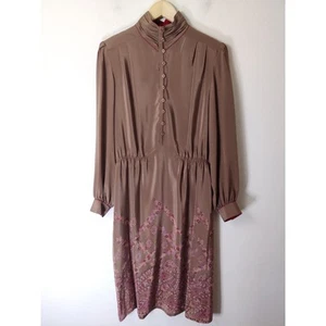 Francesca of Damon For Starington 1980's Vintage Tan Silk Button Shirt Dress 12 - Picture 1 of 10