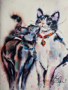 ORIGINAL watercolor painting Romantic couple of fluffy CATS art 15" by 11" - Picture 1 of 4
