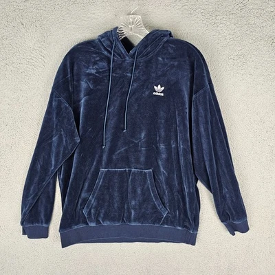 Adidas Originales Sudadera con Capucha Mujer S Azul Terciopelo Canguro Bolsillo Ajuste Relajado Trifolio Foto 1 de 4