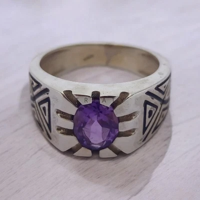 Piedras preciosas de amatista de corte ovalado con anillo de plata de ley 925 para hombre #639 # Foto 1 de 4