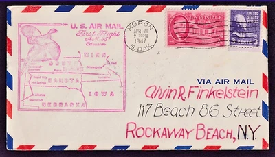 US #807 & #931 FIRST FLIGHT COVER HURON SOUTH DAKOTA TO MINNEAPOLIS TO NEW YORK - Image 1 of 2