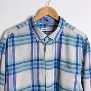 Tommy Bahama Men's Linen Blend Button Down Long Sleeve Shirt XL White Blue Plaid - Picture 1 of 8