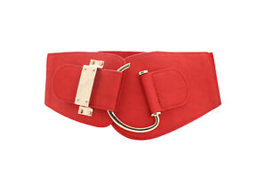 Women Red Modern Look Fashion Cool Belt Gold Metal Hook Buckle Hip Waist L XL