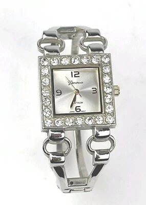 Relógio Geneva Platina Feminino 2 Tons Moldura de Cristal Bracelete Articulado Nova Bateria - Imagem 1 de 4