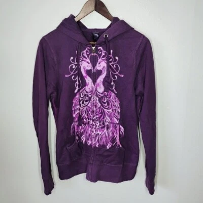 Lucky Brand Y2K Peacock Hoodie Womens Medium Purple Lotus Flower Fairy Grunge - Image 1 of 4