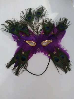 Purple Green Peacock Feathered Mask Masquerade Mask Halloween - Image 1 of 4