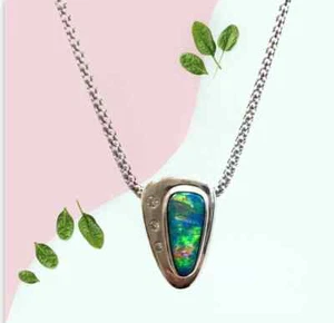 Vintage Fine Jewelry Boulder Opal & Diamond Pendant on 16 inch chain in 18KT WT - Picture 1 of 7