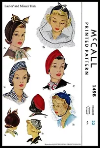 McCall 1498 Hat Cap Beret Fabric sewing pattern Vintage Millinery 40's - Picture 1 of 5