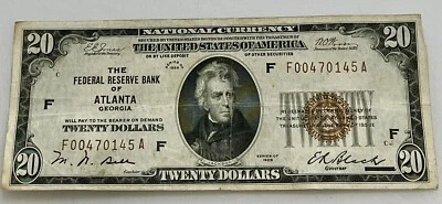 1929 20 Dollar Bill Federal Reserve Bank of Atlanta Georgia - Image 1 of 2