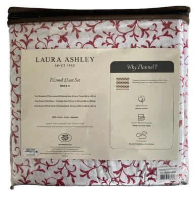 NUEVO Juego de sábanas Queen de franela de algodón Laura Ashley ANNA SCROLLS - rojo blanco Foto 1 de 4