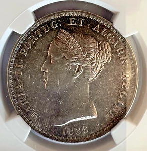 NGC 55 Portugal Maria II 1000 Reis 1838~6 RARE SILVER CURRENCY MONEY COIN KM472 - Picture 1 of 3