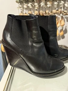 OPENING CEREMONY Black Leather Brass Zip Detail Wedge Ankle Boots UK5 Euro38 - Picture 1 of 5