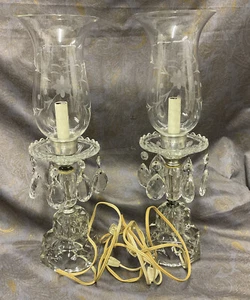 Pair of Vintage Crystal Glass Hurricane Table Lamps with Crystal Prisms Lusters - Picture 1 of 11