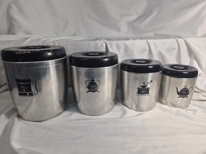 Vintage West Bend Aluminium 4 Stück Nest Kanister Set Silber mit schwarzen Deckeln USA - Bild 1 von 24