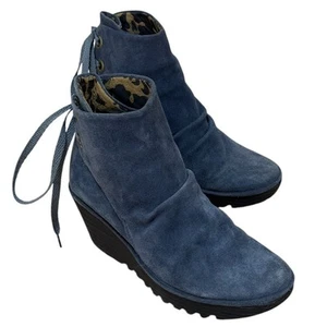 Fly London Yama Ankle Boot EU 39 US 8 Women Navy Blue Suede Wedge Lagenlook - Picture 1 of 8