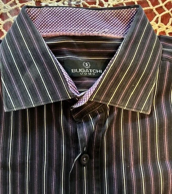 Bugatchi Uomo Men's XL Shirt Shaped Fit Flip Cuff Purple White Striped - Image 1 of 4