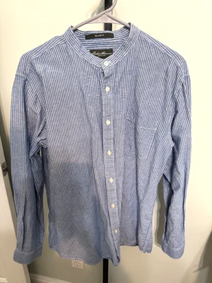 Eddie Bauer mens M button up shirt linen blend long sleeve blue white striped - Image 1 of 4