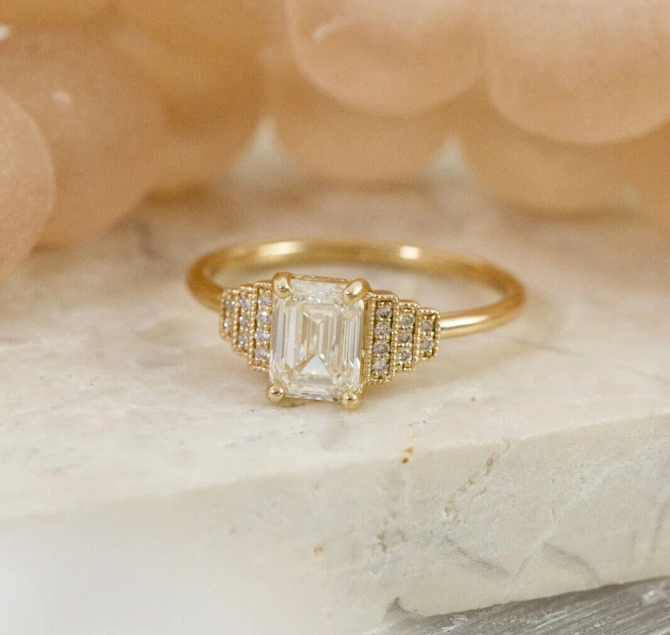 Art Deco 1.0Ct Emerald Cut CZ 14K Yellow Gold Over Engagement Wedding Ring - Image 1 of 4